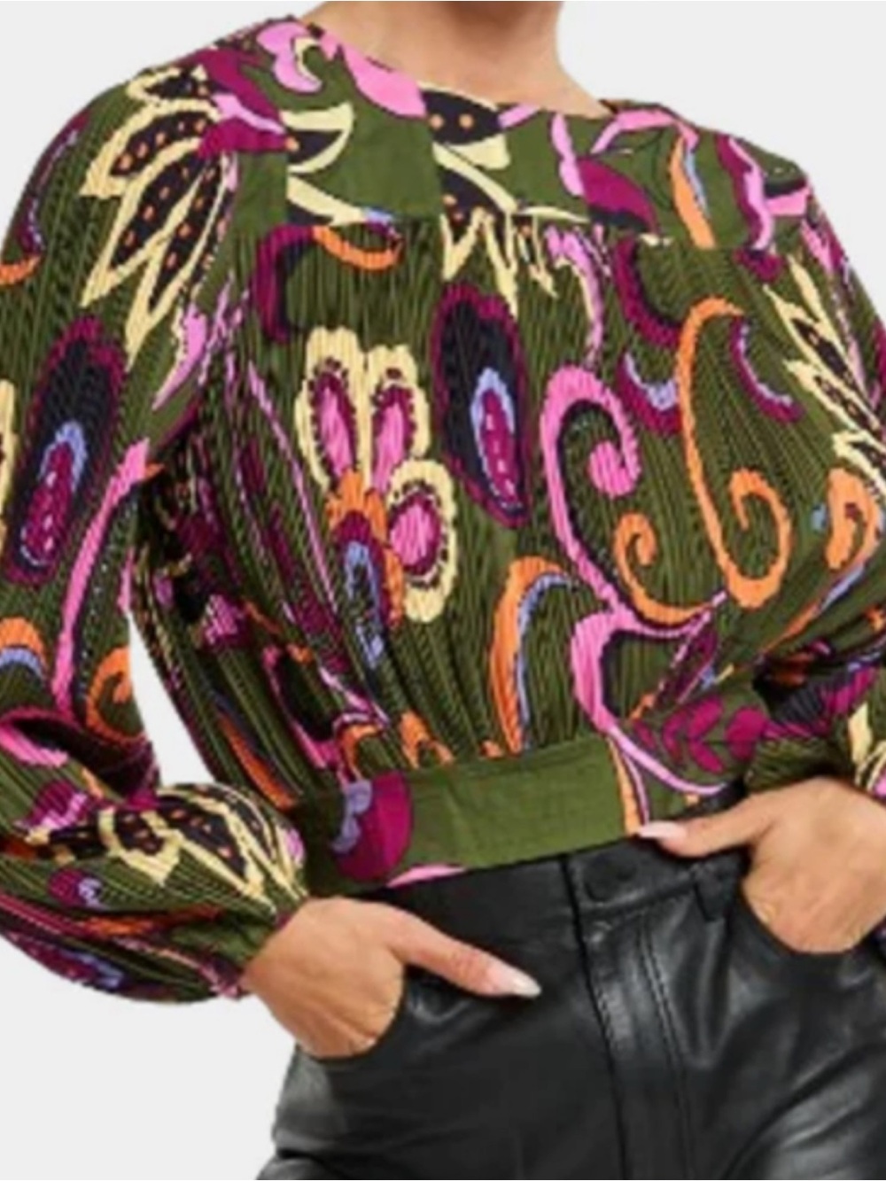 Ciebon Cathy Printed Micro Pleat Long Sleeve Top
